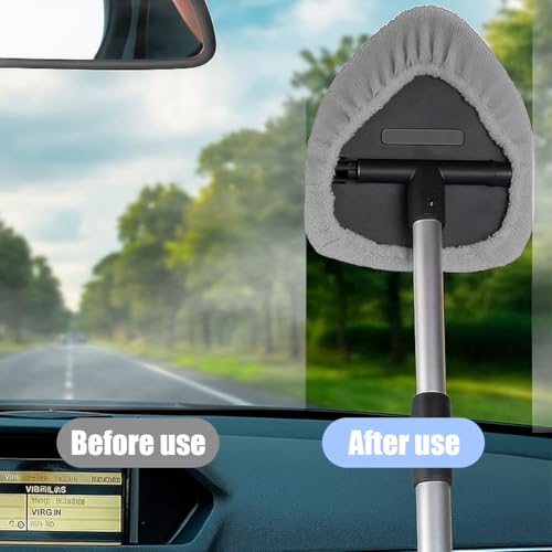 Car Windshield Cleaner Tool, Vehicle Window Detailing Cleaning Kit with Extendable Handle & 4 Washable Microfiber Pad, Auto Glass Wiper Cleaner for Exterior & Interior, Universal Fit (Gray) - color: Gray
