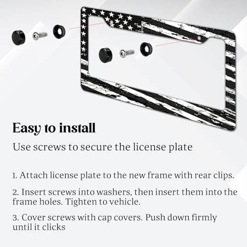 2 Pack License Plate Frames, American Flag License Plate Cover, Universal US Stainless Steel License Plate Holder with Screws for Women Men - color: Black & White