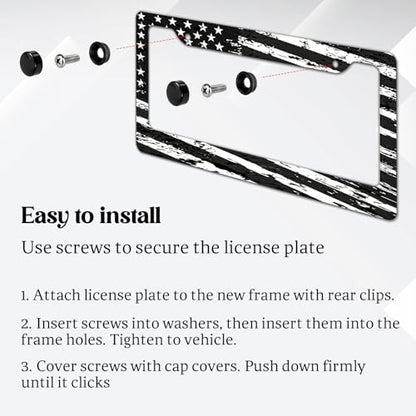 2 Pack License Plate Frames, American Flag License Plate Cover, Universal US Stainless Steel License Plate Holder with Screws for Women Men - color: Black & White