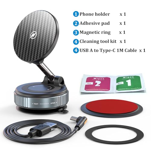 PlusAcc Vacuum Magnetic Phone Holder for Car, Suction Cup Phone Mount for MagSafe, 360°Rotatable Strong Magnet Stand for iPhone 16/15/14/13 in Smooth Surface (Charging)