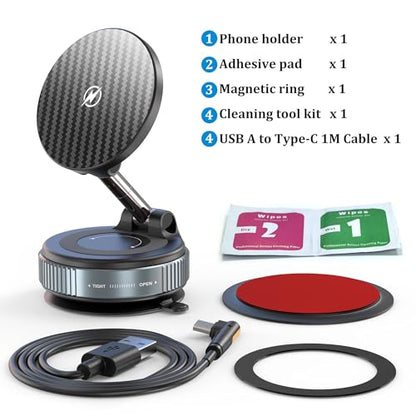 PlusAcc Vacuum Magnetic Phone Holder for Car, Suction Cup Phone Mount for MagSafe, 360°Rotatable Strong Magnet Stand for iPhone 16/15/14/13 in Smooth Surface (Charging)