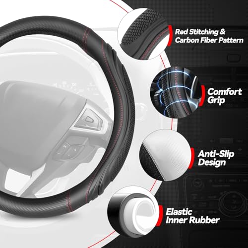 Auto Dynasty Steering Wheel Cover, Breathable Microfiber Leather Car Steering Wheel Protector with with Stylish Red Carbon Fiber Pattern, Anti-Slip, [14 1/2 to 15 Inches] Universal Fit Cars Trucks SUV - color: Carbon Fiber Red B
