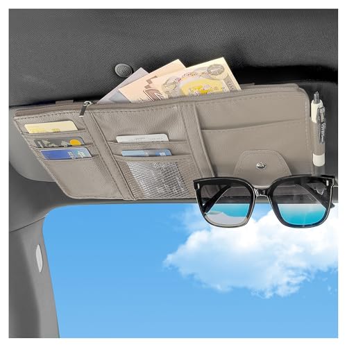 Car Visor Organizer with Sunglass Holder,Multi-Functional Car Sun Visor Organizer with Zipper for Cards,Money,Tickets,Leather Interior Accessories (Gray) - color: Gray