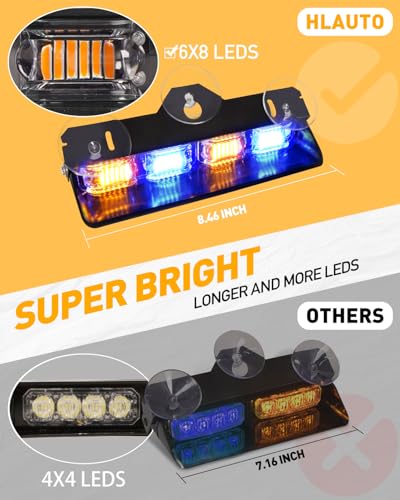 HLauto 2002L Emergency Dash Strobe Lights: Amber Blue Safety Lights, Flashing Warning Hazard Windshield Visor Traffic Light Bars for Trucks, Construction Vehicles (2x8.5 inch, 48LED) - color: Amber/Blue