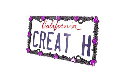 Creathome 3D Shining Daisy Heart License Plate Frame from Pure Zinc Alloy Metal Perfect Plate Holder, Matt Black with Purple Glitter, Luminously Heart - color: Matt Black with Purple Glitter, Luminously Heart