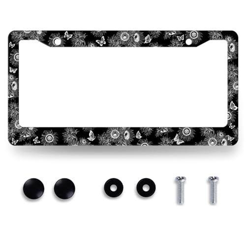 Black and White Sunflower License Plate Frame Butterfly License Plate Holder for Front and Rear Car Tags Stainless Steel Funny License Plate Car Decoration with Screws 12.2" x 6.2" - color: Black and White Sunflowers Butterfly