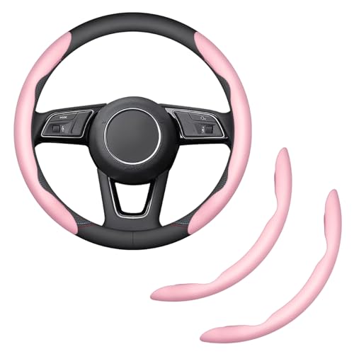 2-Piece Steering Wheel Cover, Carbon Fiber Segmented Steering Wheel Protector, Universal and Anti-Slip Durable Car Leather Protective Cover, Car Interior Accessories for Women and Men (Pink) - color: Pink
