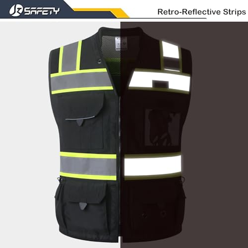 JKSafety Hi-Vis Unisex Surveyor Safety Vest Heavy Duty PPE Inner Pockets ANSI/ISEA Compliant - color: 188-black, size: 3X-Large