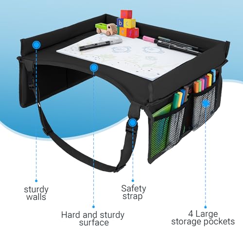Car Seat Tray for Kids Travel - Carseat table Top for Toddler,Children’s Activity Tray Table for Car,Kids Plane Tray Cover(Black) - color: Black