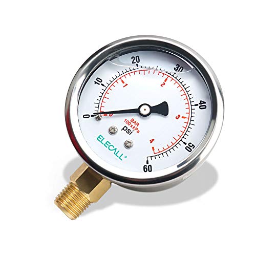 2-1/2" Glycerin Liquid Filled Air Pressure Gauge, 0-60Psi, 1/4”NPT Lower Mount, Stainless Steel Case, Brass Internals, Water Pressure Gauge - size: 0-60 Psi