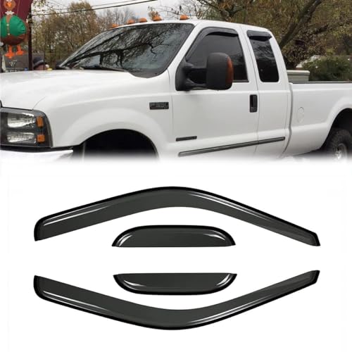 94522 Side window Visor Wind Deflector,4pcs Out-Channel Tape On Dark Smoke Nice Sun Rain Guards fit for Ford F250/F350/F450 99-16 Super Duty Super/Extended cab Only - size: F250 out-channel Super/Extended cab