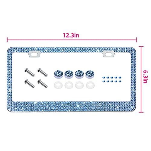 Bling Rhinestone License Plate Frame for Women 2PC, Sparkly License Plate Frames| Stainless Steel Frames & Over 1200 pcs Finest 14 Facets Glass Crystals Premium Diamond (Light Blue) - color: light blue-2PK