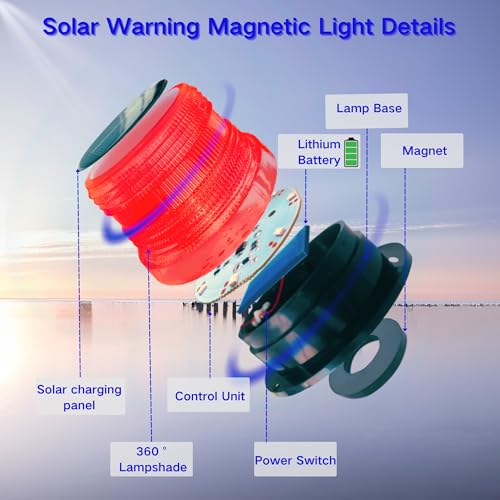 Solar Warning Beacon Light, Red Magnetic LED Signal Light with 4 Flashing Modes, IP65 Waterproof, Ideal for Forklifts, Trucks, Roadside Assistance, Boat, Yacht, Hazard Warning Buoys - color: Red light