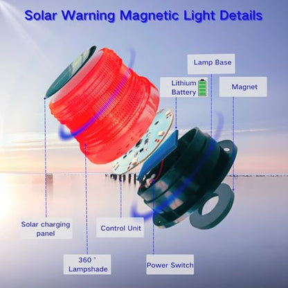 Solar Warning Beacon Light, Red Magnetic LED Signal Light with 4 Flashing Modes, IP65 Waterproof, Ideal for Forklifts, Trucks, Roadside Assistance, Boat, Yacht, Hazard Warning Buoys - color: Red light