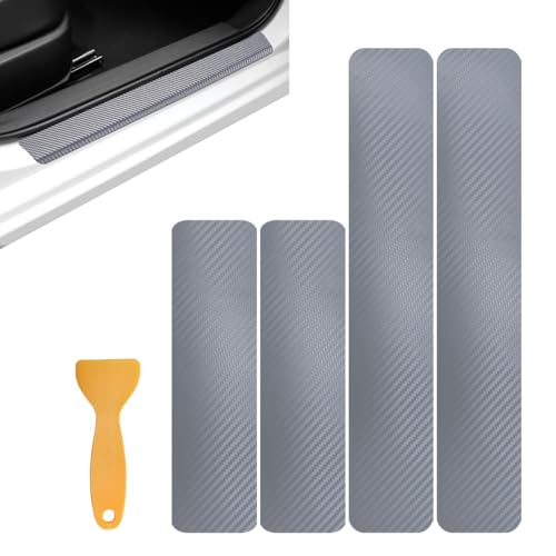 4 PCS Car Door Sill Protector, 3D Carbon Fiber Door Entry Edge Protection Trim Bumper Cover Strip, Anti-Scratch Threshold Protective Sticker Scuff Plate Guard for Most Vehicles (Silver) - color: Silver, 3D