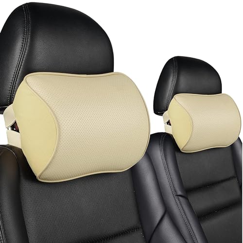 Aukee Car Neck Pillow Soft Memory Foam Leather Headrest for Driving Home Office Beige (Pack of 2) - color: Beige, size: Pack of 2