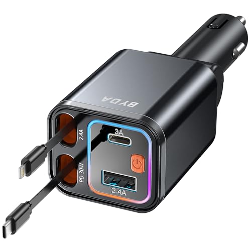 4 in 1 Retractable Car Charger,69W USB-C Fast Car Charger, for iPhone 17/16/15/14/13/12/11, Android,Pixel,Cigarette Lighter Charger (for Apple+Type C &RGB [Black]) - size: for Apple+Type C &RGB [Black]