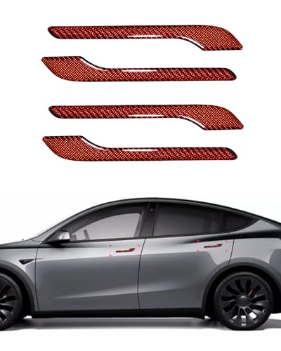 Door Handle Cover, Real Matte Carbon Fiber Door Handle Trim Protector Set Compatible with Tesla Model y Model 3 2017-2025 (4 Pieces) (Real Glossy Carbon Fiber-RED) - color: Real Glossy Carbon Fiber-RED