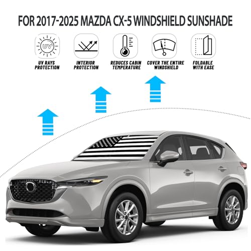 D-Lumina Windshield Sun Shade for Mazda CX-5 2017-2025 CX5 Accessories, Front Window Sunshade American Flag Sun Visor Protector Sun Shield Blocks UV Rays Heat, Foldable 2 Layers 210T Material - size: Silver & Black-fit 2017-2025 Mazda Cx-5
