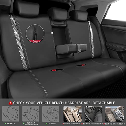 CAR PASS Bling Rhinestone&Leather Back Seat Cover, Waterproof Bench Rear Seat Cover Shining Diamond Universal Fit Automotive Glitter Crystal Sparkle Strips for Kid Women Girl, Silver Diamond - color: Silver Rear, size: Rear Seats