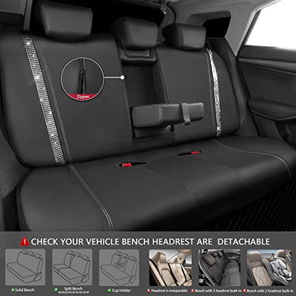 CAR PASS Bling Rhinestone&Leather Back Seat Cover, Waterproof Bench Rear Seat Cover Shining Diamond Universal Fit Automotive Glitter Crystal Sparkle Strips for Kid Women Girl, Silver Diamond - color: Silver Rear, size: Rear Seats