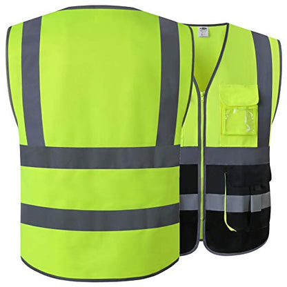 JKSafety 7 Pockets High Visibility Zipper Front Safety Vest With Reflective Strips.Meets ANSI/ISEA Standards (130-Yellow-Black XL) - color: Yellow-black, size: X-Large