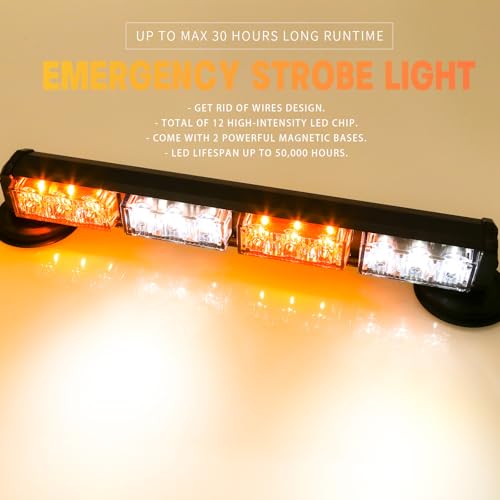 14.8" Battery Powered Emergency Strobe Lights Bar for Truck Vehicle Trailer Rechargeable Roadside Wireless Rooftop Mini Hazard Flashing LED Beacon Warning Light w/Magnetic Base (Amber/White) - color: #01 Amber/White/Amber/White, size: 14.8 Inch