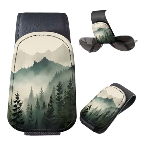 Sunglasses Holder for Car Visor, PU Leather Glasses Clip Organizer, Cute Magnetic Eyeglass Holder for Vehicle Sun Visor, Car Interior Accessory for Women & Men Misty Mountain Forest - color: Misty Mountain Forest