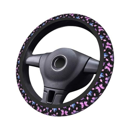 Purple Butterfly Steering Wheel Cover - Beauty Butterfly Wheel Cover Anti-Slip Breathable Universal for 15 Inch Car Steering Wheel Cover with 2 Pieces Car Coasters Suitable for Men Women - color: Purple Butterfly1