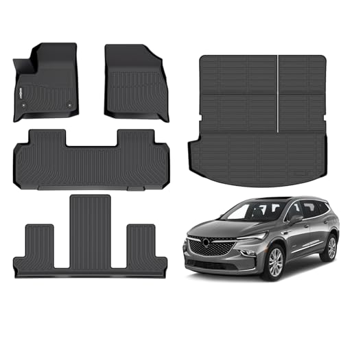 GINOWY-Floor Mats & Cargo Liner for Buick Enclave 2018-2024,TPE All Weather Protection 2024 Enclave Car Floor Mats, Non-Slip Trunk Mat Waterproof Enclave Accessories Mats,Black - style: 1) for Buick Enclave 2018-2024 Full Set