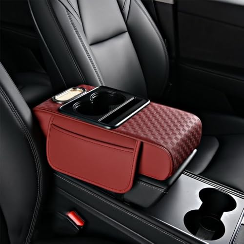 5 in 1 Car Center Console Cover, Memory Cotton Car Armrest Pad with 2 Storage Pockets, Cup Holder, Tissue Box Slot, Phone Holder, Universal Car Interior Organizer (Wine, Wide(13.8 * 7.1 * 3.2inch)) - color: Wine, size: Wide(13.8*7.1*3.2inch)