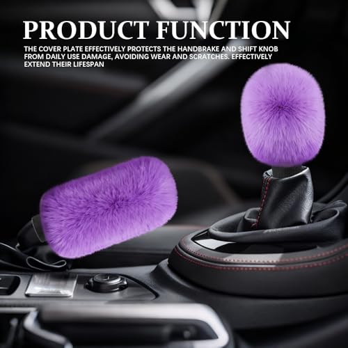 2PCS Plush Car Gear Shift Knob Cover & Handbrake Cover, Shift Knob Protector, Soft Fluffy Gear Handbrake Protective Sleeves, Shifter Lever Brake Handle Warm Plush Set for Cars (Purple) - color: Purple