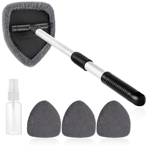 Qydipclin 11pcs Windshield Cleaner Tool, Car Window Cleaning Wash Kit with 6 Reusable Microfiber Pads 2 Spray Bottles and Extendable Handles Auto Glass Wiper Kit, Gray - color: Gray