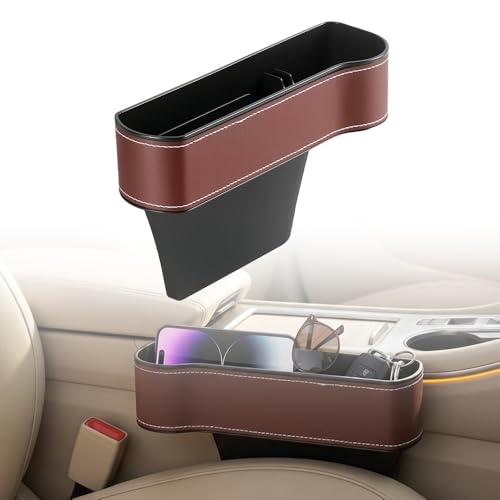 Car Seat Gap Filler Organizer, 2026 New Premium Leather Console Organizer for Holding Phone, Sunglasses, Auto Console Side Storage Box with Cup Holders 2 Seat Hooks for Drink (Brown, Passenger Seat) - color: Brown, size: Passenger Seat