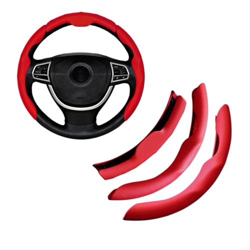 Car Steering Wheel Cover, Nappa Leather 15 Inch Snap-On 3PCS Set Vehicle Steer Wheel Wrap Protector, Non-Slip Automotive Interior Protection Accessories, Universal Fit (Red) - color: Red