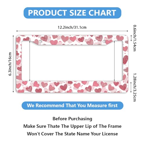 Valentine License Plate Frame Pink Romantic Hearts Sweet Love Personalise Stainless Steel Funny Design Compatible with Standard License Plate Holder for USA and Canada 6.3 x 12.2 in - color: Valentine, size: 6.3 X 12.2 In-1PC