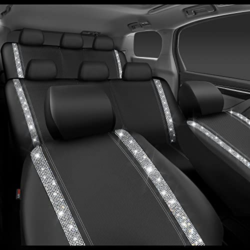 CAR PASS Bling Diamond Car Seat Covers, Shining Rhinestones Waterproof Faux Leather, 8 Seats 3 Rows with Zipper Glitter Crystal Sparkle Strips Universal Fit 95% MPV,SUV,CAR for Women Girl, Silver - color: Silver Seats Eight, size: Full Set