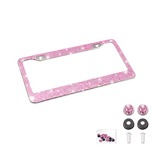 Bling Car License Plate Frame, Handcrafted Crystal Stainless Steel, Sparkly, Durable, Universal Fit, Car Accessories for Girls, Women (Pink) - color: Pink, size: 1PCS