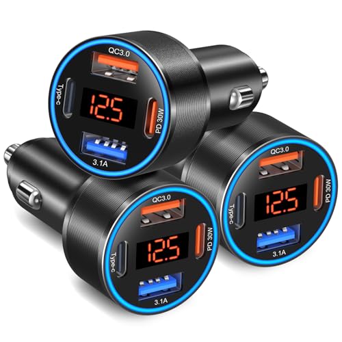 3 Pack USB C Car Charger, 4-Port 65W Dual 12V USB-A & USBC Cigarette Lighter Adapter Plug with Voltmeter PD/QC 3.0 Fast Charging Car Phone Charger for iPhone 17 16e 15 14 13 12 Pro Max, Android-Black - color: Black, size: 3-Pack