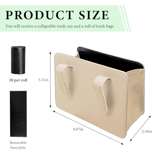 Car Trash Can, Foldable Leather Automotive Garbage Bin Organizer Holder with One Roll Trash Bag, Multi-Function Mini Hanging Dustbin Storage Bag Container for SUV Truck RV (Beige) - color: Beige