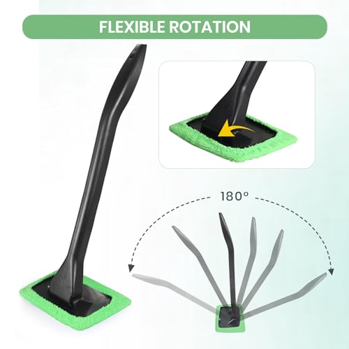 Windshield Cleaner Tool Car Window Cleaner with 6 Reusable and Washable Microfiber Pads and Extendable Handle Auto Inside Glass Wiper Kit (Green)