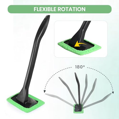 Windshield Cleaner Tool Car Window Cleaner with 6 Reusable and Washable Microfiber Pads and Extendable Handle Auto Inside Glass Wiper Kit (Green)