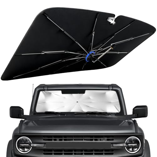 Windshield Sun Shade for Ford Bronco(4-Door，no for Bronco Sport) 2021-2026 with 360° Rotating Shaft, Custom Fit Umbrella Sunshade for UV Blocking, Interior Heat Protection, Easy Storage - size: Fit for Ford Bronco(4-Door) 2021-2026