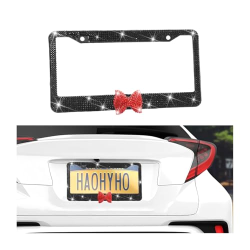 Bling Bow Car License Plate Frame, 2PCS Sparkly Rhinestone Vehicle License Plate Cover for Women Girls, Diamond Automotive Front Rear Number Tag Holder, Universal for SUV RV (Black/Red) - color: Black/Red