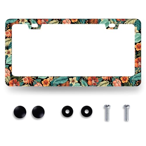 Tropical Hibiscus Flowers License Plate Frame Hawaii Floral License Plate Holders Colorful Stainless Steel Car Bracket 2 Holes with Screws Universal Auto Accessory License Plate Frames 6.2x12.2 Inch - color: Tropical Hibiscus Flowers Floral