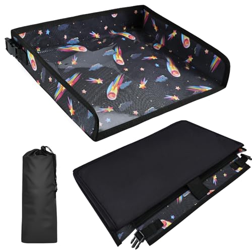 Airplane Tray Table Cover for Kids with Pockets, Foldable Tray Table Organizer for Toddler, Plane Travel Essentials Must-Haves for Train Buses High Chairs and Flying Supplies (Meteor Black)