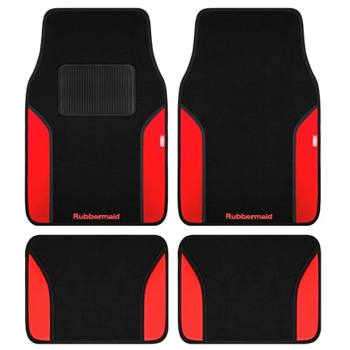 Rubbermaid Car Mats, Carpeted Floor Car Mat with Faux Leather & Built-in Heel Pad, Two-Tone Car Rug Floor Mats, Stylish Carpeted Floor Mats for Cars, Trucks & SUVs Red Color - color: Red