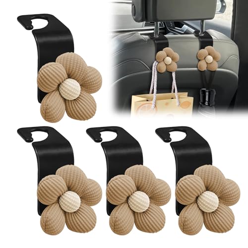 4PCS Car Seat Headrest Hook, Car Purse Hook, Cute Flower Auto Seat Back Organizer Bag Holder, Auto Accessories Portable Vehicle Purse Hanger Holder Decoration Fit for SUV Sedan Truck (Brown) - color: Brown