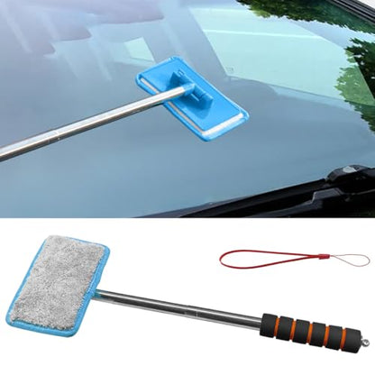 Car Windshield Cleaner Tool, Retractable Rearview Mirror Brush with Extendable Handle, Microfiber Window Washing Pad, Portable Auto Glass Wiper for Car Home Office (Blue) - color: Blue
