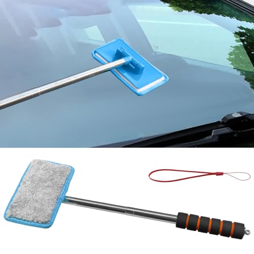 Car Windshield Cleaner Tool, Retractable Rearview Mirror Brush with Extendable Handle, Microfiber Window Washing Pad, Portable Auto Glass Wiper for Car Home Office (Blue) - color: Blue